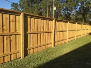 A tall wooden privacy fence built by trusted Chattanooga fence company All Fences Co. enclosing a back yard.